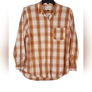Universal Thread Plaid Long Sleeve Top Yellow Orange‎ Beige Button Up Size Large